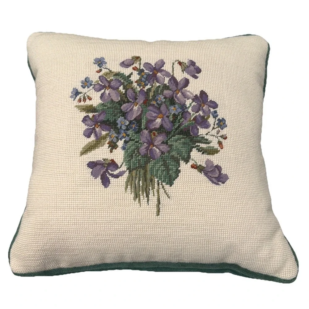 Vtg Needlepoint And Velour Heavy Duty Throw Pillow Pansies Purple Flowers 15